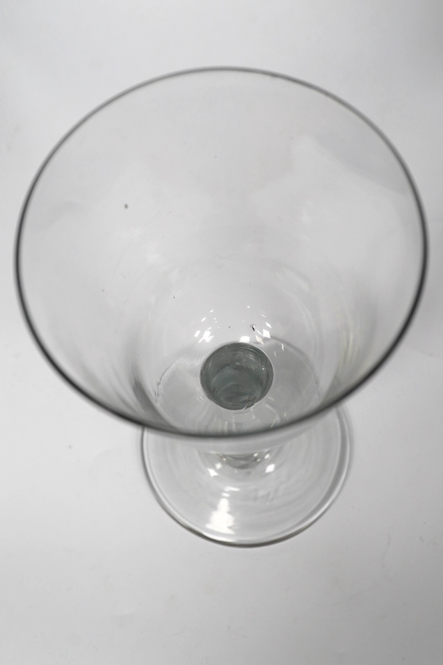 A large plain stem glass goblet, c.1760, the foot diamond point engraved ‘W Willis Dec 6th 1778’. Condition - scratches, otherwise good